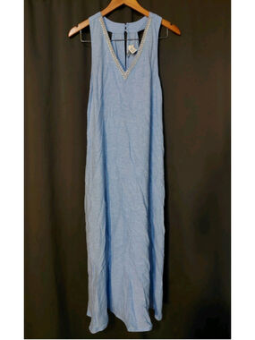Calypso St. Barth Beaded Linen Tank Maxi Dress Light Blue Size Medium Pockets